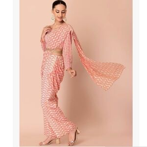 NWT Indya brand Pink Top and Palazzo Pants w/ Attached Dupatta and Belt size S